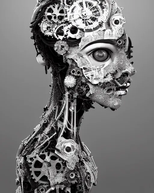 Image similar to black and white dreamy foggy smoky profile face portrait, one silver steampunk realistic eye biomechanical beautiful young female cyclope - cyborg - robot bust, body ribs meshes,, volumetric light, hibiscus flowers, by hg giger, rim light, big gothic fashion pearl embroidered collar, 8 k