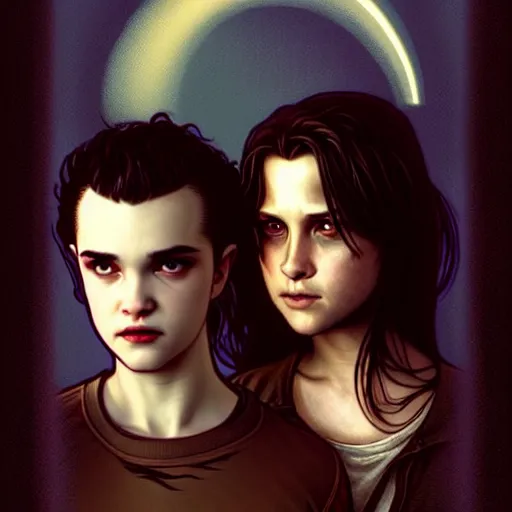 Prompt: Twilight version of Stranger Things, Portrait of Edward and Bella, diffuse lighting, fantasy, intricate, elegant, highly detailed, lifelike, photorealistic, digital painting, artstation, illustration, concept art, smooth, sharp focus, art by Krenz Cushart and Artem Demura and Alphonse Mucha