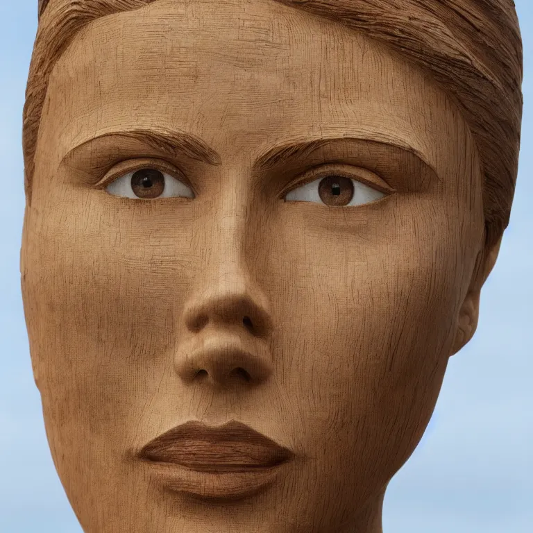 Prompt: 2 0 0 ft sculpture geometric minimalist!!! accurate portrait of scarlett johansson, beautiful symmetrical!! face accurate face detailed face realistic proportions, hand - carved out of red oak wood on a pedestal by stephan balkenhol and martin puryear, cinematic lighting shocking detail 8 k