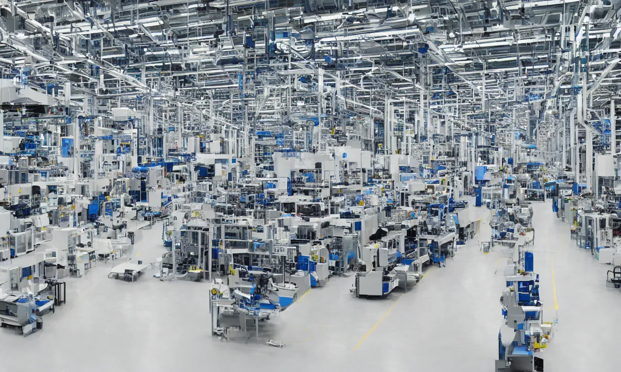 Prompt: modern factory with production line with robotic arms, in a row, big hall, white, bright, technology, symmetry, clean, straight on, straight camera view