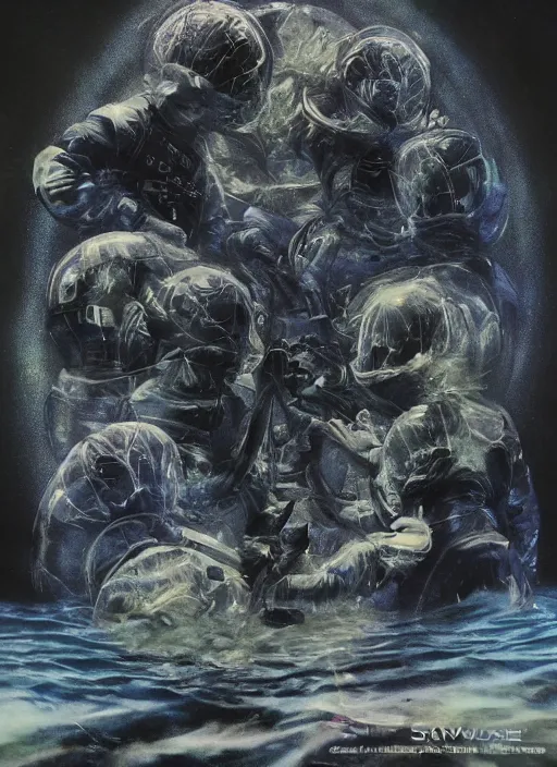 Image similar to astronauts in dark and empty void underwater poster - complex and hyperdetailed technical suit. go pro selfie. reflection and dispersion materials. rays and dispersion of light. volumetric light. 5 0 mm, f / 3 2. noise film photo. flash photography. ultra realistic. poster by wayne barlowe, hajime sorayama aaron horkey, craig mullins