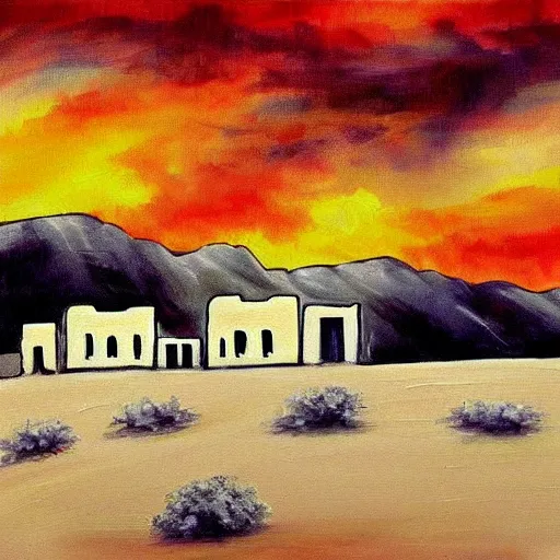 Image similar to a beautiful painting of a village in the desert, white houses, two suns, cowboy bebop