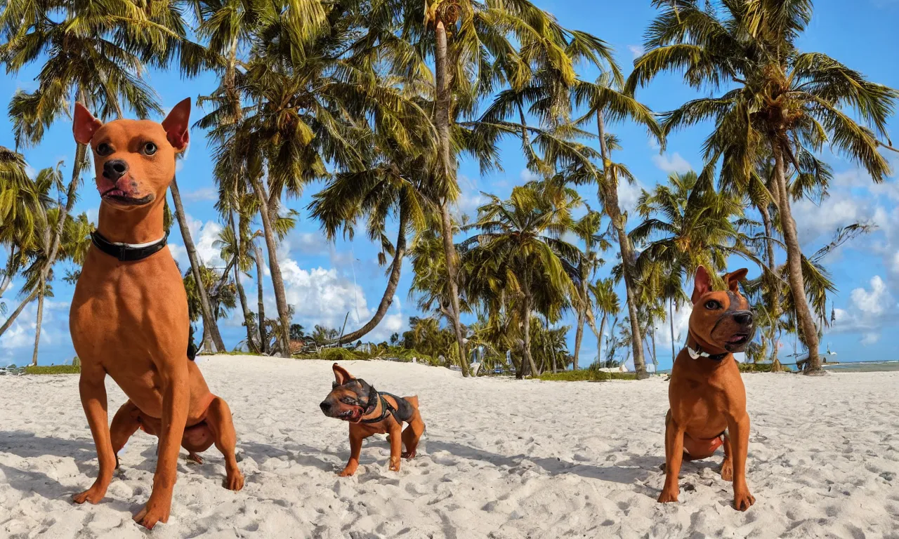 Prompt: an american pitpull terrier on an island beach with palm trees in the background