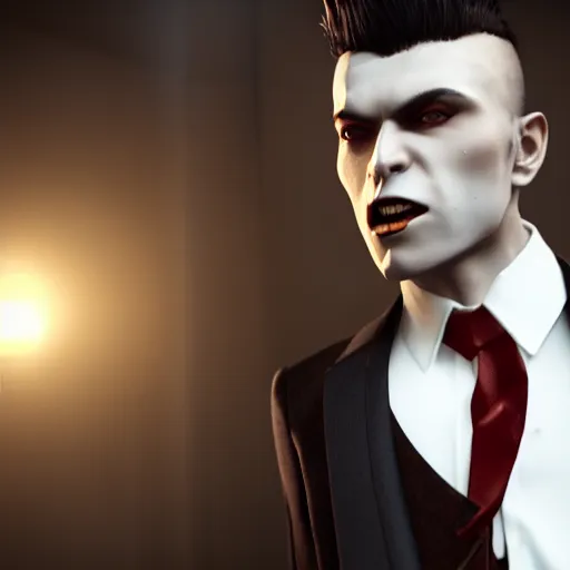 Image similar to a vampire in a formal suit, highly detailed, photorealistic portrait, bright studio setting, studio lighting, crisp quality and light reflections, unreal engine 5 quality render