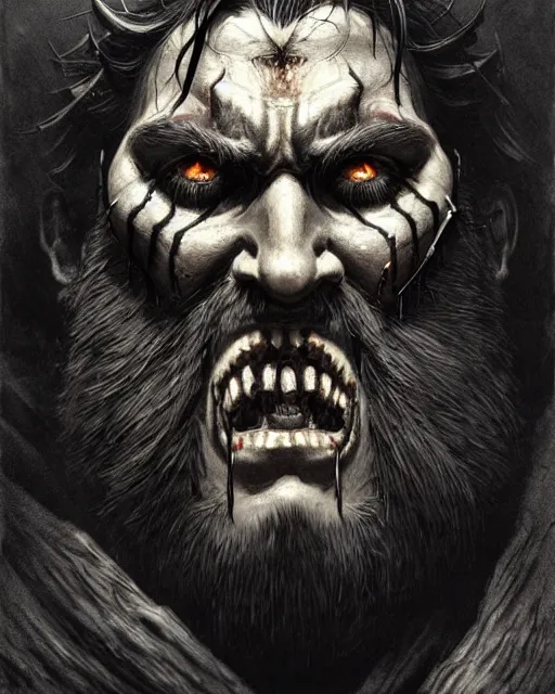 Image similar to reinhardt from overwatch, beard, slash scar through eye, character portrait, portrait, close up, concept art, intricate details, highly detailed, horror poster, horror, vintage horror art, realistic, terrifying, in the style of michael whelan, beksinski, and gustave dore