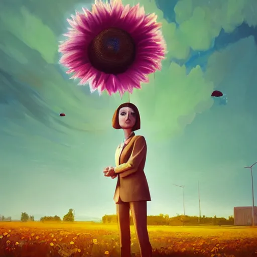 Image similar to giant daisy flower under head, frontal, a girl in a suit, surreal photography, sunrise, dramatic light, impressionist painting, digital painting, artstation, simon stalenhag