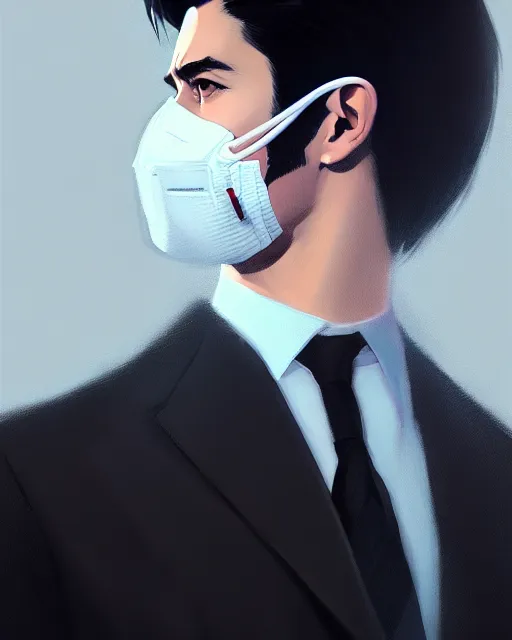 Prompt: a ultradetailed beautiful panting of a stylish man wearing a shirt with a tie and black medical mask, by ilya kuvshinov, greg rutkowski and makoto shinkai, trending on artstation