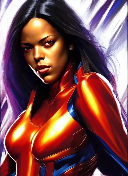 Image similar to full body portrait of marvel cinematic universe aaliyah haughton, x - men, jean grey, elegant, fire, phoenix, rippling electromagnetic, highly detailed!! digital painting, artstation, glamor pose, concept art, sharp focus, illustration, art by artgerm and greg rutkowski, artey freytag