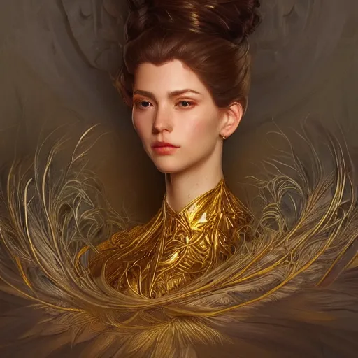 Image similar to a portrait of an attractive young female, beautiful long hear, clothed in golden feathers, intricate, elegant, highly detailed, digital painting, trending on artstation, concept art, smooth, sharp focus, illustration, art by artgerm and greg rutkowski and alphonse mucha