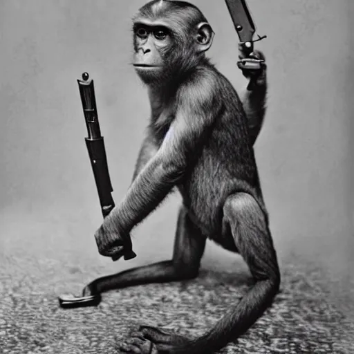 Prompt: old photo world war, a monkey wearing a helmet armed with a rifle, detailed