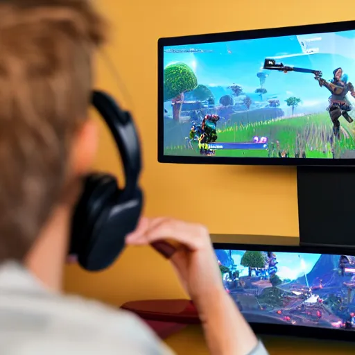 Prompt: view from behind from bed of a female with long blonde hair wearing headset watching monitor displaying fortnite, intricate detail, cinematic composition