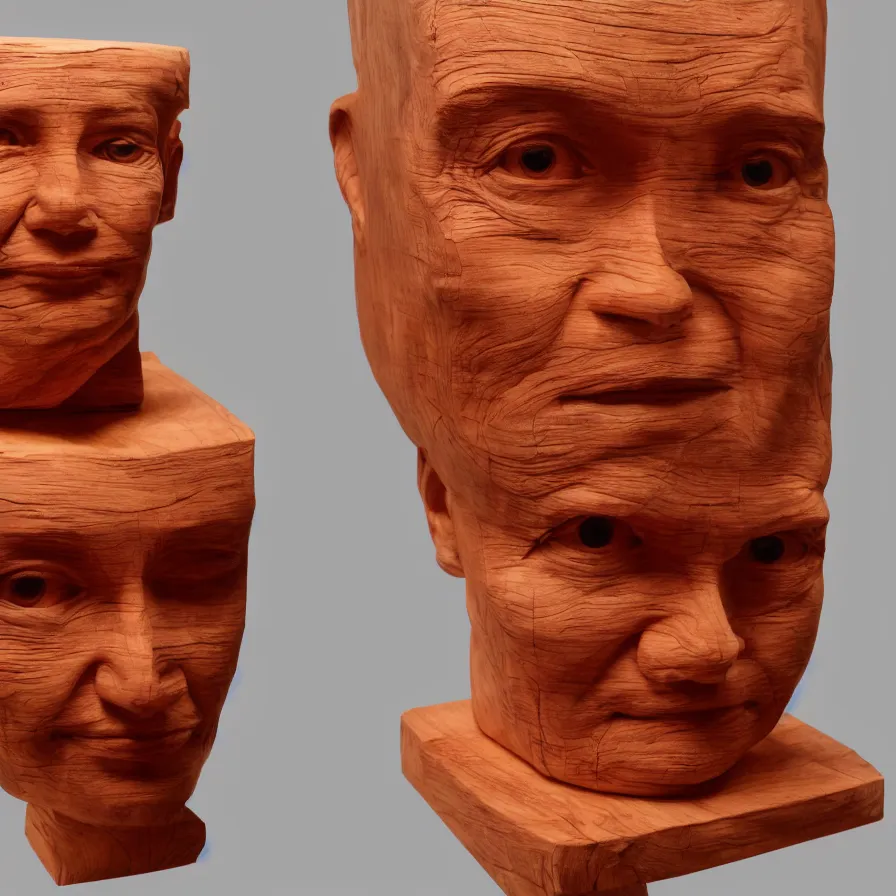 Image similar to hyperrealistic sculpture portrait of a stern woman's face carved out of a block of red cedar wood on a pedestal by duane hanson and donald judd, hyperrealistic dramatic colored lighting trending on artstation 8 k