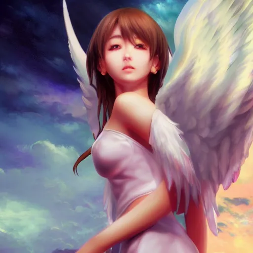 Image similar to an oil painting of a beautiful anime girl with angel wings, by artgerm, hd, hdr, ue 5, ue 6, unreal engine 5, cinematic 4 k wallpaper, 8 k, ultra detailed, high resolution, artstation, award winning