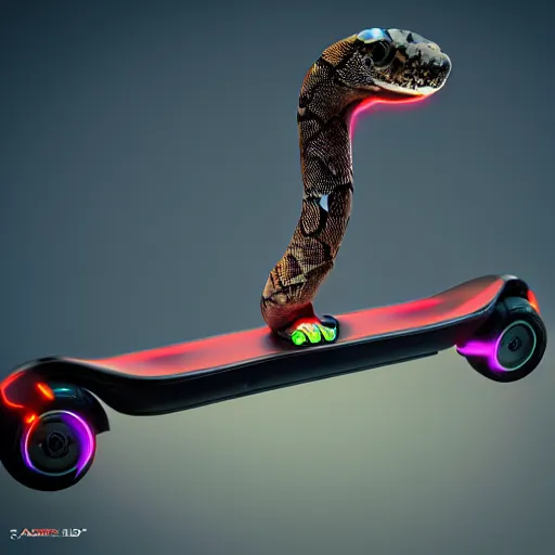 Image similar to A snake standing on a hoverboard, HDR, 8k, trending on artstation
