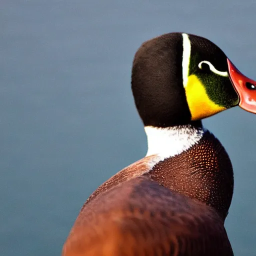 Image similar to A high detail closeup shot of a duck wearing a suit