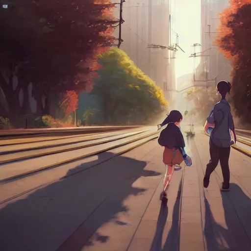 Prompt: a couple meeting up at a trainstation, running at each other with open arms. cgsociety masterpiece, artstation trending, by rossdraws, ghibli, Kimi no Na wa, greg rutkowski