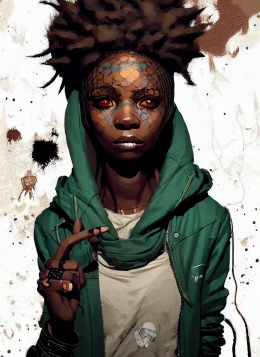 Image similar to highly detailed portrait of a sewer punk african lady, tartan hoody, white afro hair by atey ghailan, by greg rutkowski, by greg tocchini, by james gilleard, by joe fenton, by kaethe butcher, gradient cyan, brown, blonde cream and white color scheme, grunge aesthetic!!! ( ( graffiti tag wall background ) )