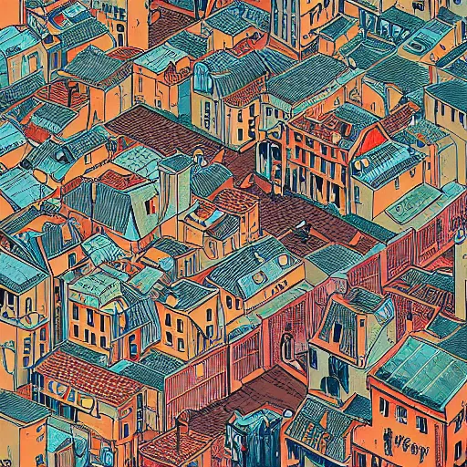 Image similar to isometric view illustration of a medieval Marseille street corner, highly detailed, mid day by Victo Ngai