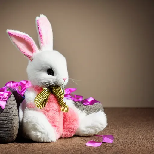 Prompt: easter bunny sitting in a tire, studio photo, high quality