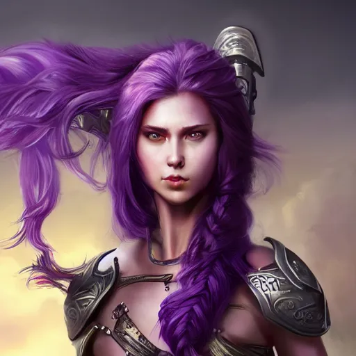 Prompt: beautiful female warrior with long purple hair and sword leaping through the air, highly detailed, trending on artstation, stylized, by WLOP