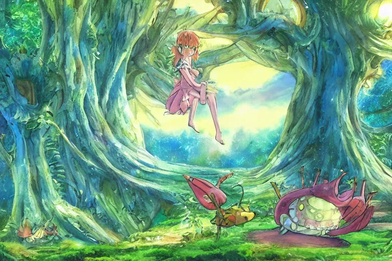 Prompt: fairy kingdom forest, cellshaded, nausicaa anime style