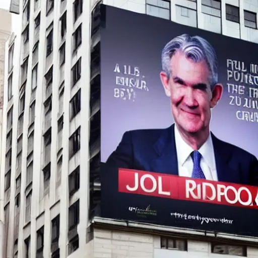 Image similar to a billboard of Jerome Powell promoting Inflation