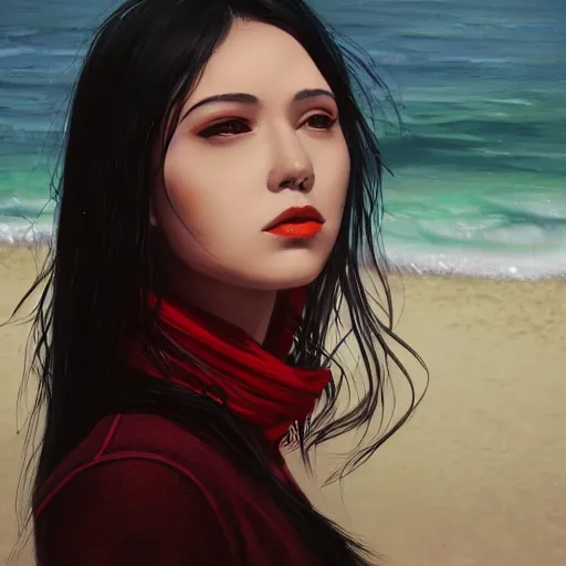 Prompt: woman with long dark black hair wearing red clothing standing by the beach, beautiful, 8k, highly detailed, realistic, artgerm, sakimichan, rutkowski, trending on artstation, perfect face, portrait, high contrast, golden light, dramatic lighting,