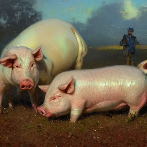 Image similar to farmers wanted to create a source of endless meat with magic, but they created a huge meaty pig - like something that destroys the farm, close - up, painting by gaston bussiere, craig mullins, j. c. leyendecker, 4 k, 8 k, trending on artstation, artstationhd, artstationhq, highest detail