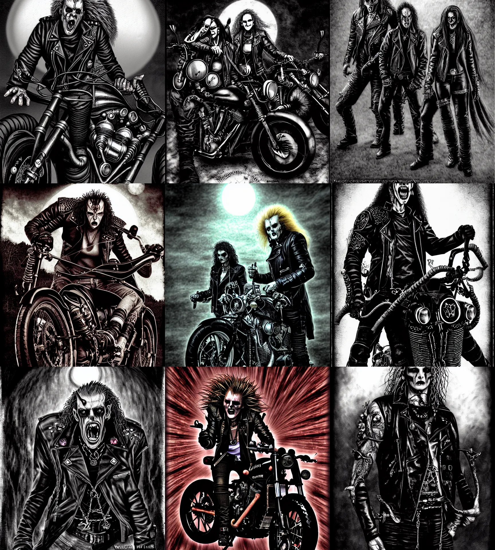 Prompt: photographic / photorealistic version of : biker vampires, gangrel, circle of the crone, illustration from a world of darkness vampire : the requiem source book ( by white wolf )