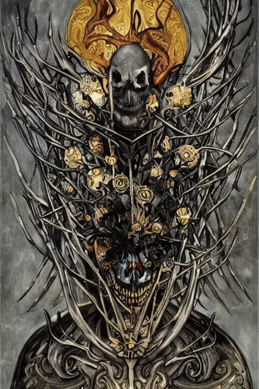 Prompt: The Knight of Bones by Karol Bak, Jean Deville, Gustav Klimt, and Vincent Van Gogh, portrait of a handsome vampire knight in armor, piercing grey eyes, ornate armor covered in thorns, bat wings, ornate dramatic bat wing helmet, hair made of shimmering ghosts, mystic eye, otherworldly, crown made of bones, catacombs, ornate jeweled crown, skulls, fractal structures, arcane, inscribed runes, infernal relics, ornate gilded medieval icon, third eye, spirals