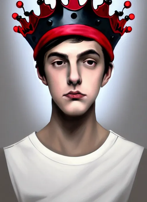 Prompt: portrait of teenage jughead jones wearing a light grey crown, photorealistic, crown, crown with red and white pin badge, crown with pins, eyes closed, crown, black hair, intricate, elegant, highly detailed, digital painting, glowing lights, artstation, concept art, smooth, sharp focus, illustration, art by wlop, mars ravelo and greg rutkowski