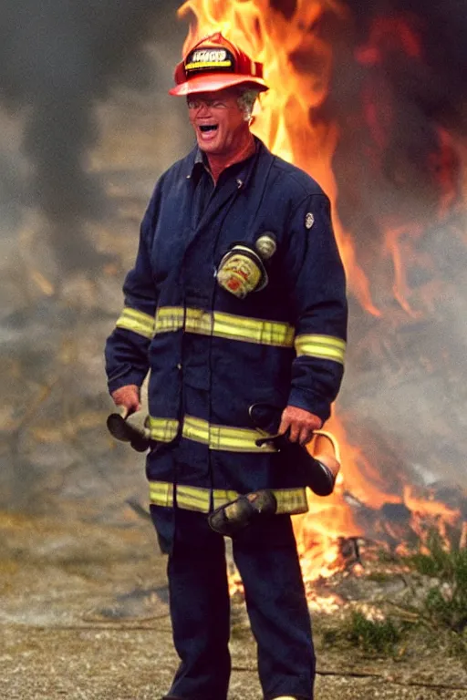 Prompt: kevin tighe wearing a fireman helmet, standing in the flames of a fire laughing