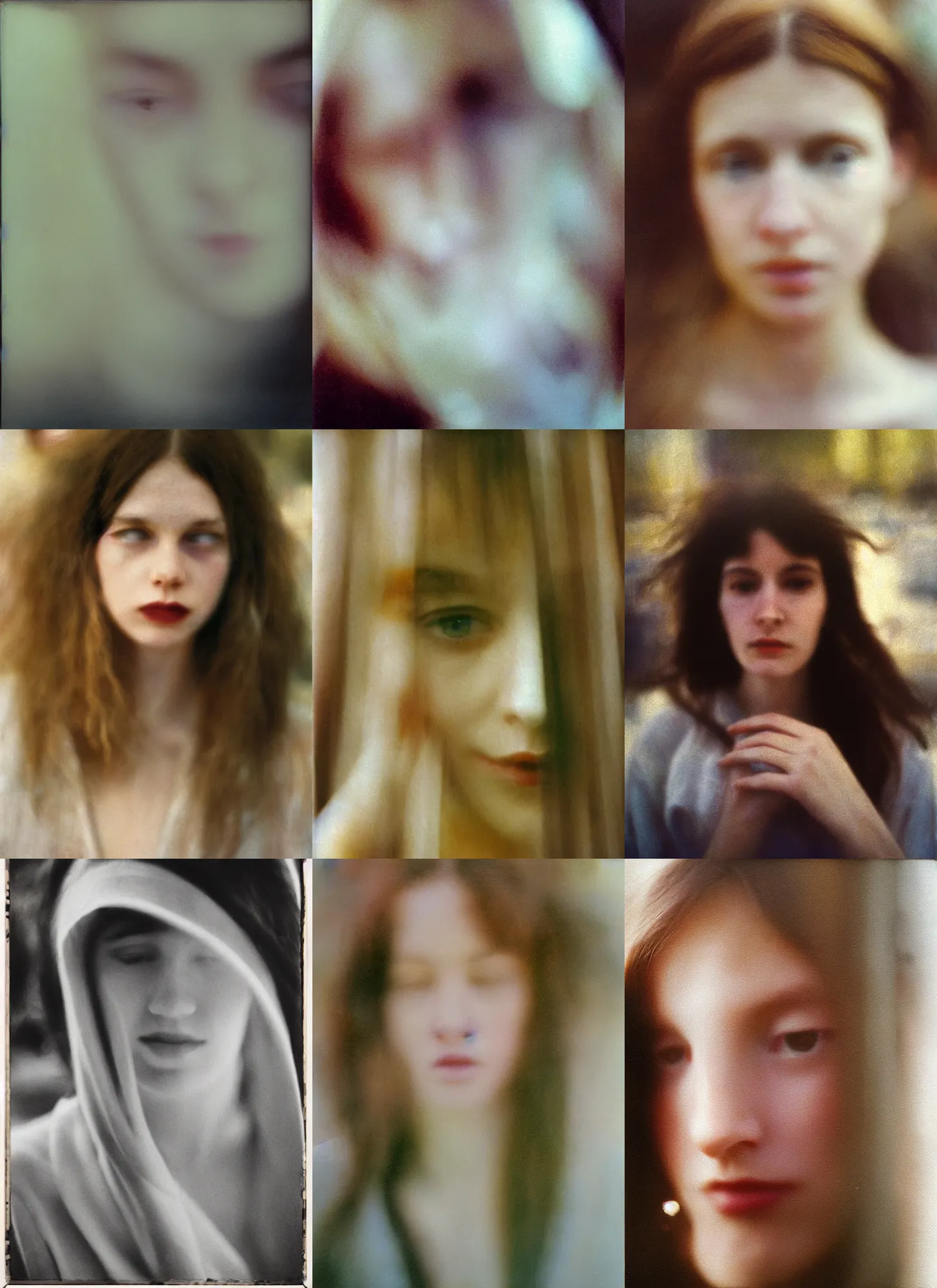 Prompt: out of focus photorealistic portrait of a beautiful hippie woman by saul leiter, very blurry, translucent white skin