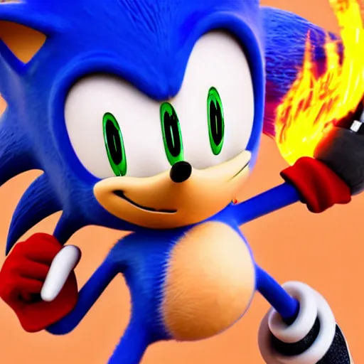 Prompt: Sonic the hedgehog with a flamethrower, award winning photograph, digital art, powerful flamethrower