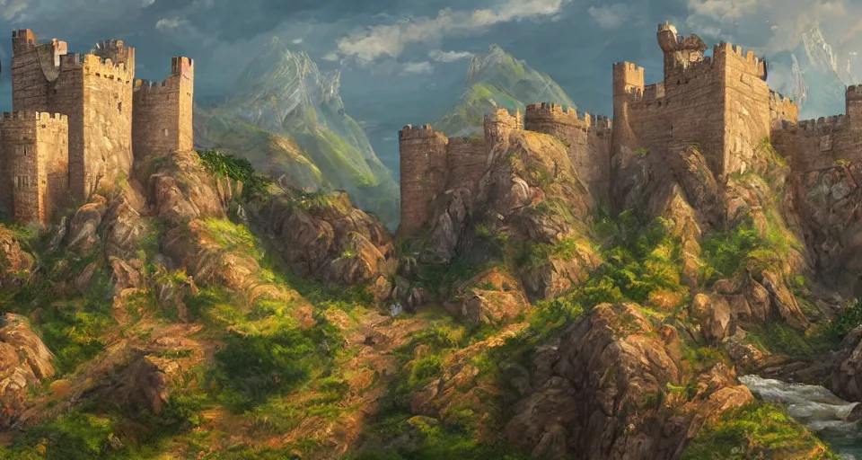 Image similar to A magnificent castle on the stretches of a vast land, fancy crenellations and sturdy reinforced walls looking, rivers and ocean, high mountains, painted in the style of concept artist Michael Kus, 4k