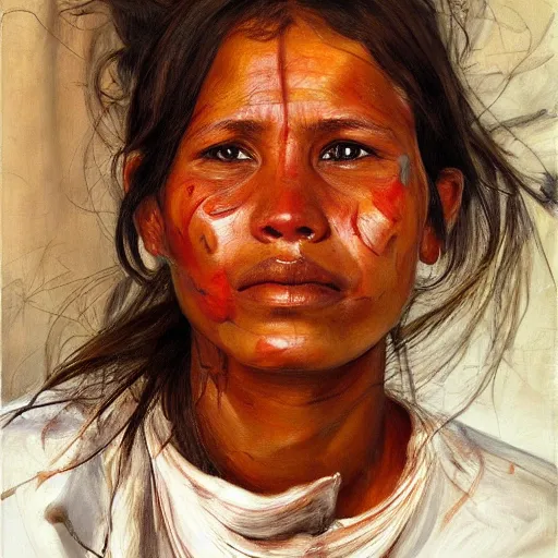 Image similar to high quality high detail painting by jenny saville, hd, a skinny beautiful indigenous woman tribe leader, hair in wind, photorealistic lighting