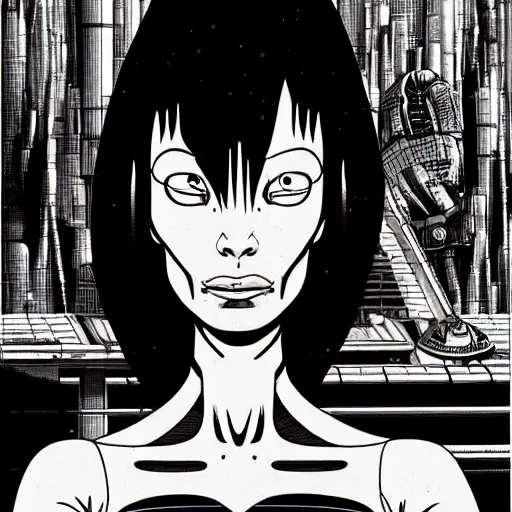 Prompt: portrait turanga leela from futurama in futuristic city, by tsutomu nihei, by h. r. giger