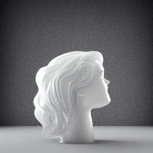 Prompt: refracting translucent!!! ice sculpture of hair! resting on a beautiful! marble female wig stand, cinema 4 d sharp focus