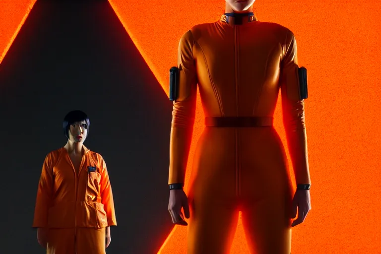 Prompt: major motoko wearing an orange prison jumpsuit facing camera, photography by fred palacio medium full shot still from bladerunner 2 0 4 9, sci fi, bladerunner, canon eos r 3, f / 3, iso 2 0 0, 1 / 1 6 0 s, 8 k, raw, unedited