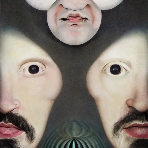 Prompt: a beautiful composition of deeply moving genius, flawless and incredible facial portraiture, depicting Father Time who has two faces and is regarding himself as if in the mirror; wondrous, benign and numinous, looking at it rewards the soul, being-in-itself, futuristic digital paint, by M. C. Escher and by Hilma af Klint and by Wassily Kandinsky and by Henri Rousseau and by Cruella de Vil