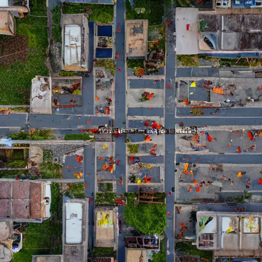 Image similar to top down aerial view of dilapidated kindergarden and suburb real life, desolate with zombies, dilapidated, zombies in the streets, nightmarish, some rusted style parked vehicles, sunny weather, few clouds, volumetric lighting, photorealistic, daytime, autumn, sharp focus, ultra detailed, cgsociety