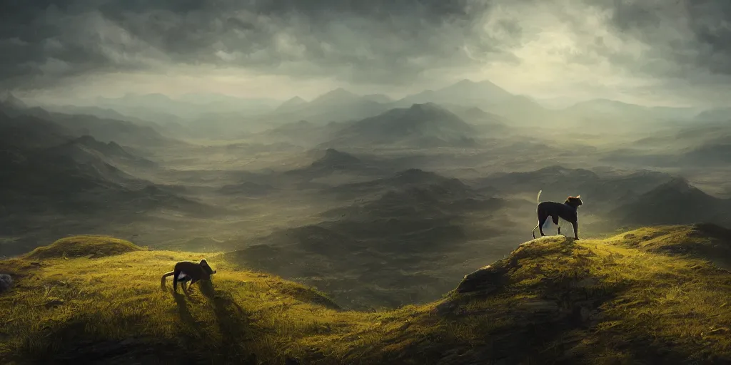 Prompt: breathtaking detailed concept art painting of a lone dog on the top of a hill. in the distance there is a small town, by hsiao - ron cheng, extremely moody lighting, 8 k