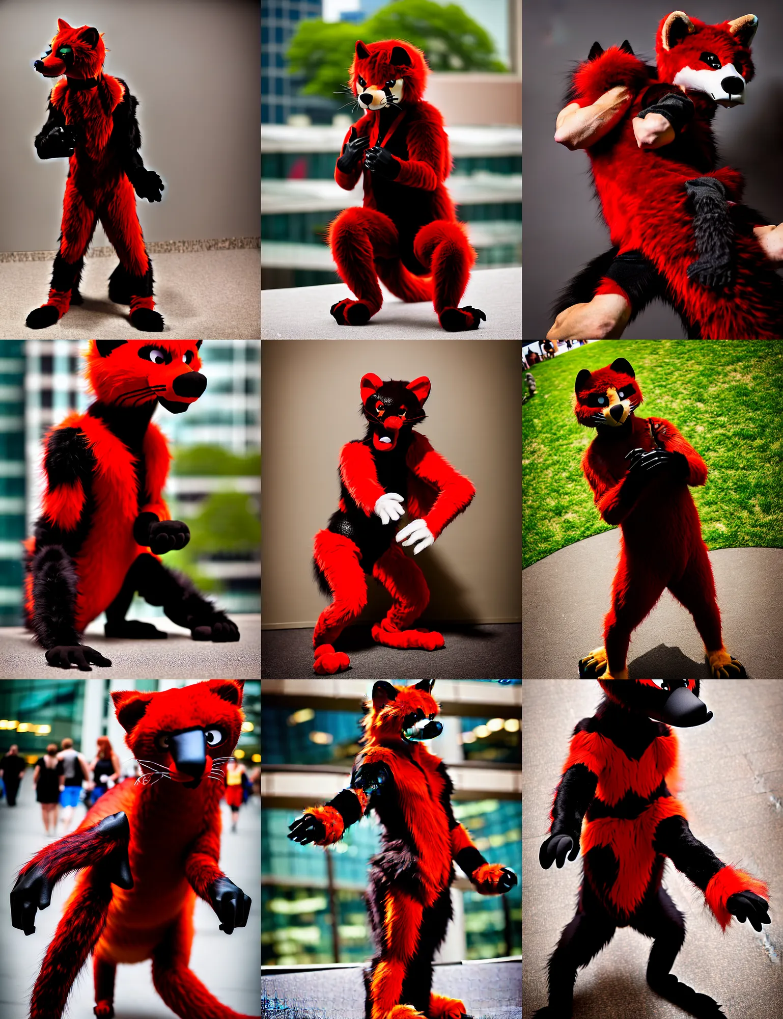 Image similar to fullbody photoshoot photo portrait of a roguish male red - black furred weasel furry fursuiter ( tail attached ), taken at anthrocon ( furry convention )
