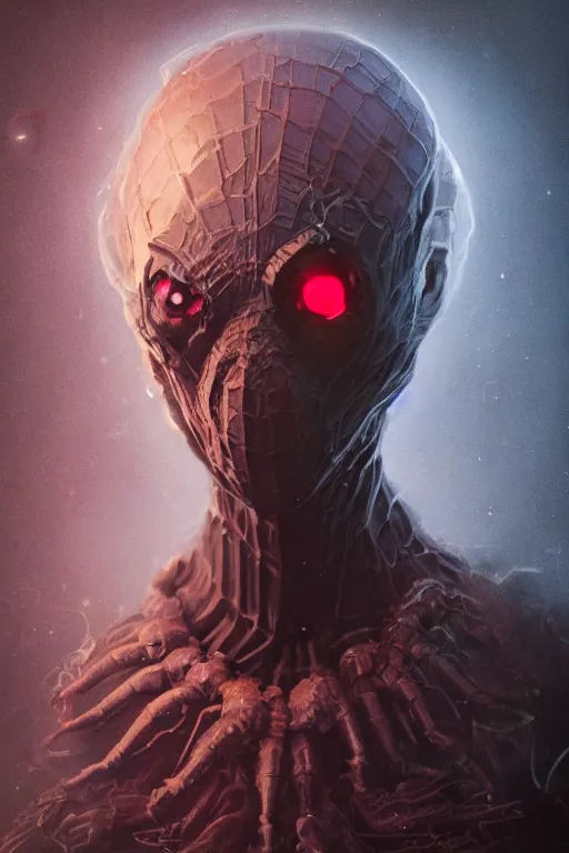 Image similar to A fancy portrait of a arachnoid by Greg Rutkowski, beeple, Sung Choi, Mitchell Mohrhauser, Maciej Kuciara, Johnson Ting, Maxim Verehin, Peter Konig, final fantasy, macro lens, 35mm, 8k photorealistic, cinematic lighting, HD, high details, dramatic, dark atmosphere, trending on artstation