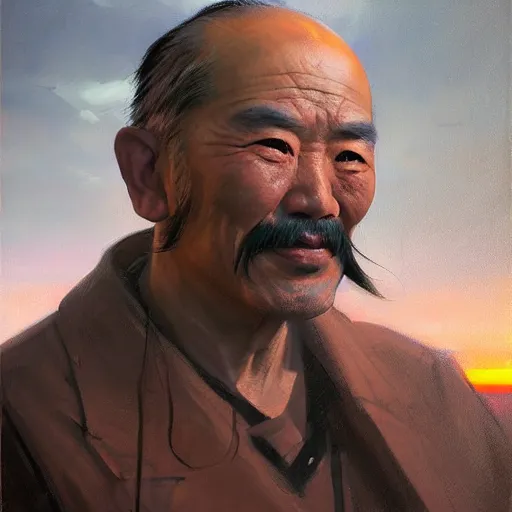 Prompt: Greg Manchess portrait painting of a chinese 60 year old character, soul patch, facial tattoo, long hair, medium shot, asymmetrical, profile picture, Organic Painting, sunset dark dramatic, matte painting, bold shapes, hard edges, street art, trending on artstation, by Huang Guangjian and Gil Elvgren and Sachin Teng