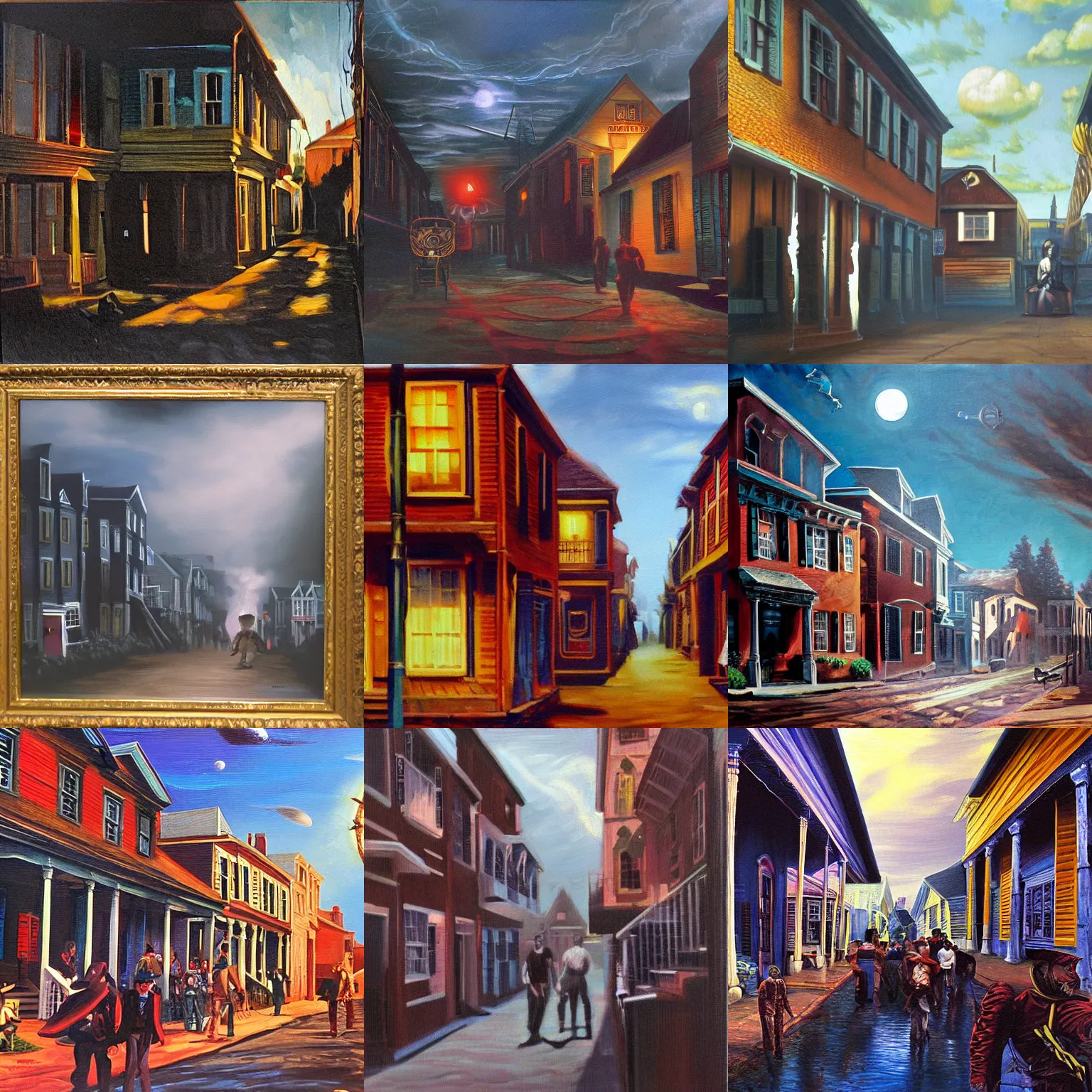 Prompt: warp in time and space in an old colonial town, oil painting, Stephen King, John Carpenter