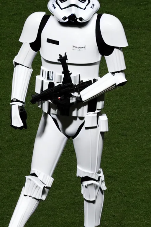 Prompt: robert lewandowski with stormtrooper helmet under his arm