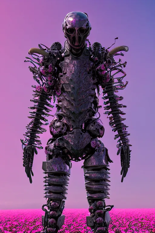 Image similar to hyperrealistic neo - gothic human monster hybrid, exoskeleton armor, fighting with katana, field of pink flowers, highly detailed digital art masterpiece, vitaly bulgarov dramatic dark teal light, ground angle hd 8 k, sharp focus