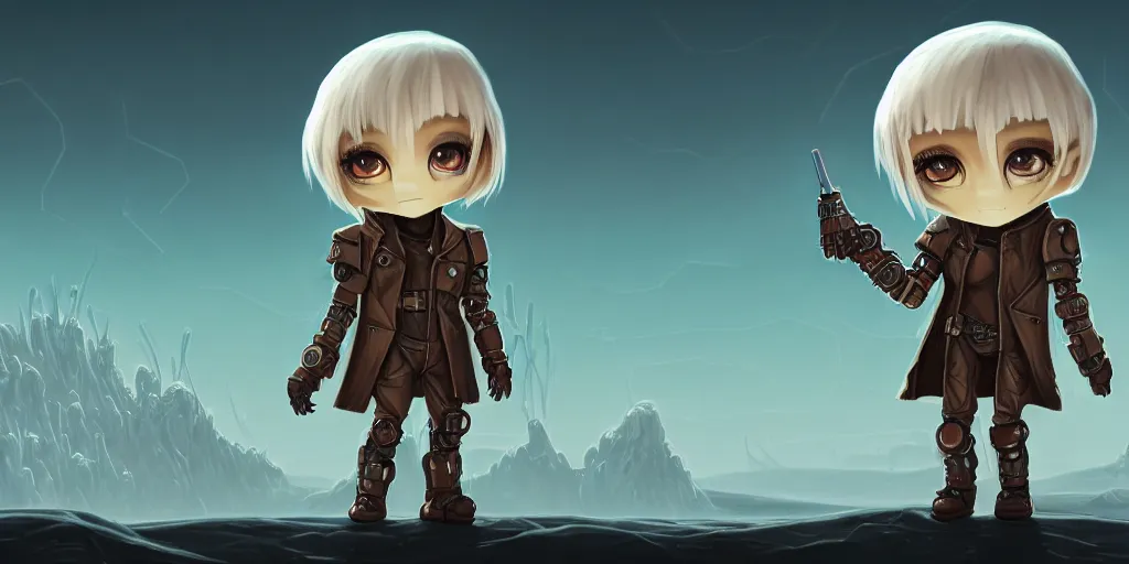 Image similar to a chibi cybernetic mutant wearing a long trenchcoat, surrounded by salt dunes, matte oil painting, game paper doll, retrofuturistic, science fantasy, plants, rust, chrome, lgbt, queer, rpg, epic, dungeons & dragons, sacred, sharp focus, award - winning, extremely detailed, 4 k, 8 k