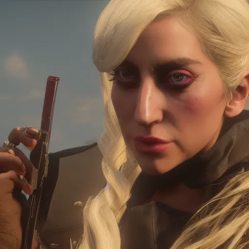 Prompt: Film still of Lady Gaga, from Red Dead Redemption 2 (2018 video game)